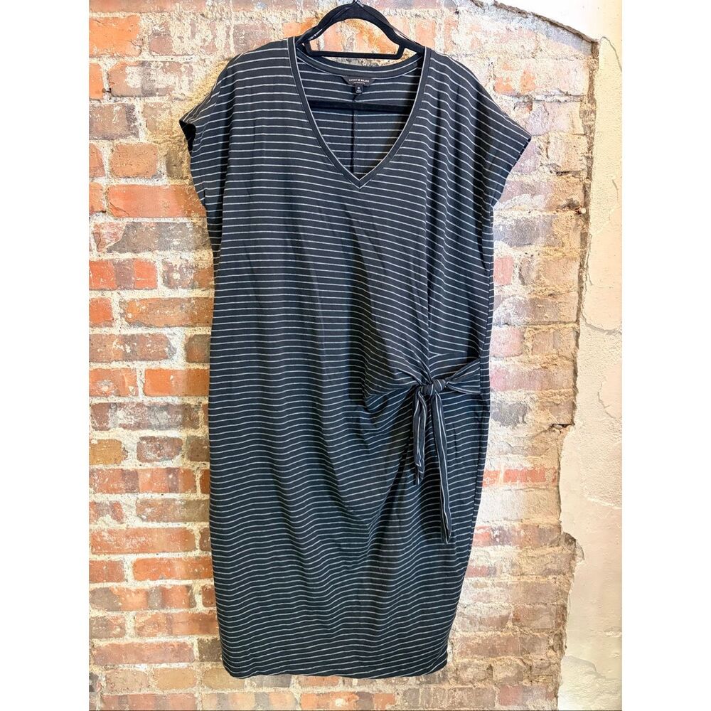 Lucky Brand Black and White Striped Tie-Waist V-Neck Midi Dress
